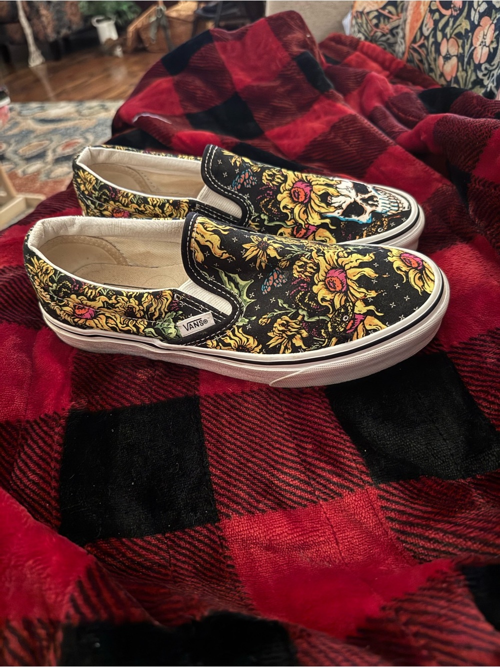 Vans Black Slip-On Sneakers with Yellow Floral & Skull Print - Picture 7 of 7